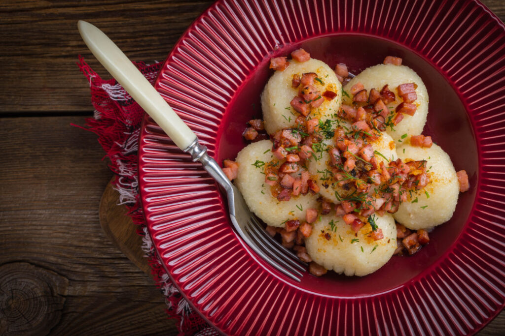 Potato dumplings with bacon.